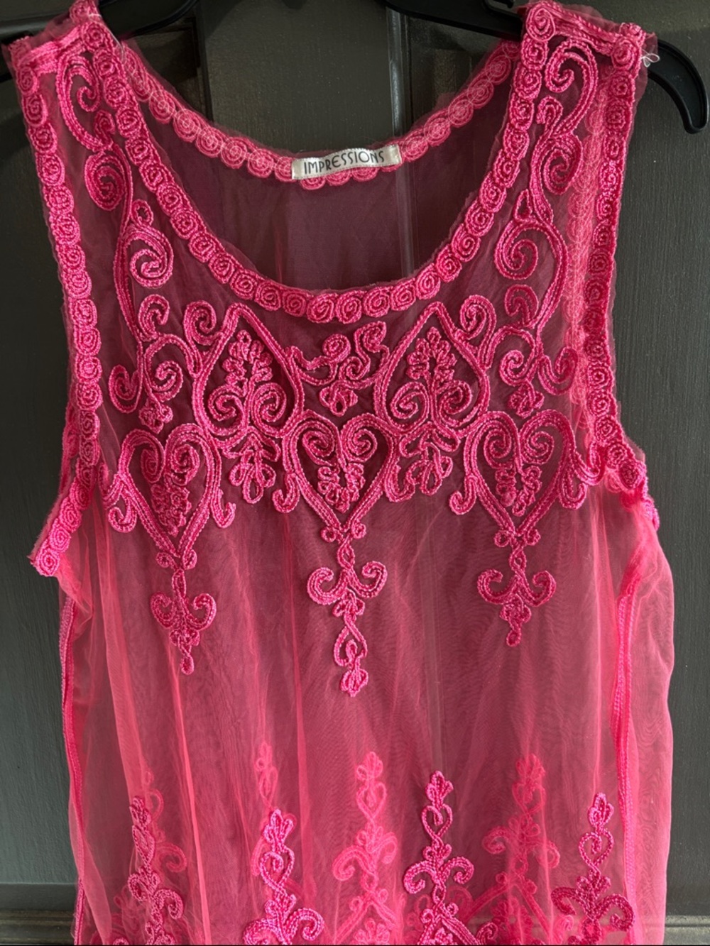 Sheer Embroidered Sleeveless Top - Hot Pink tulle and scalloped hem - Picture 3 of 6